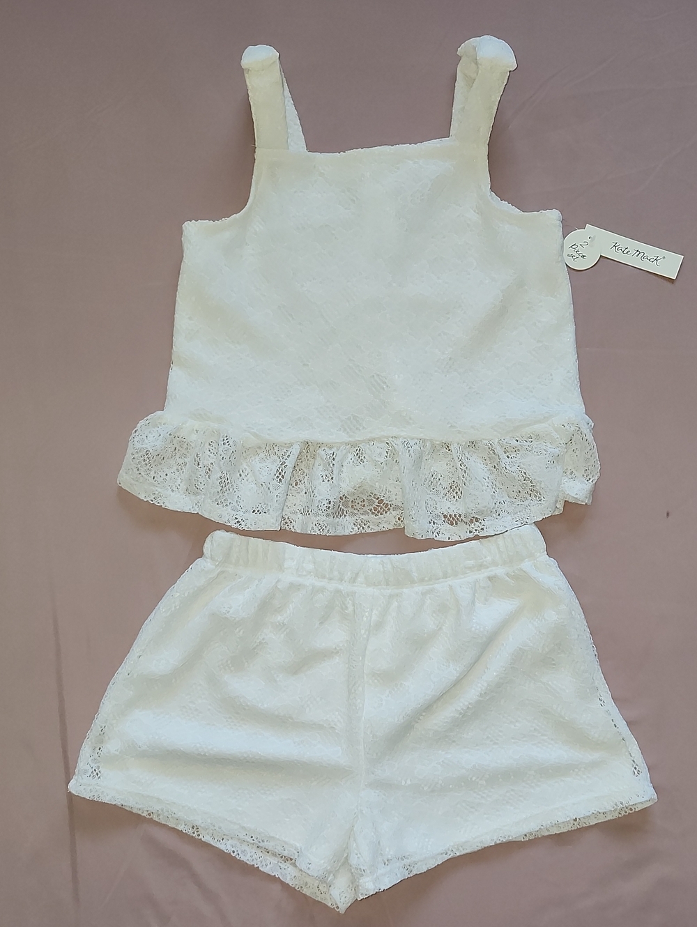 NWT Kate Mack Girls 2-Piece White Lace Top & Shorts Set Size 10